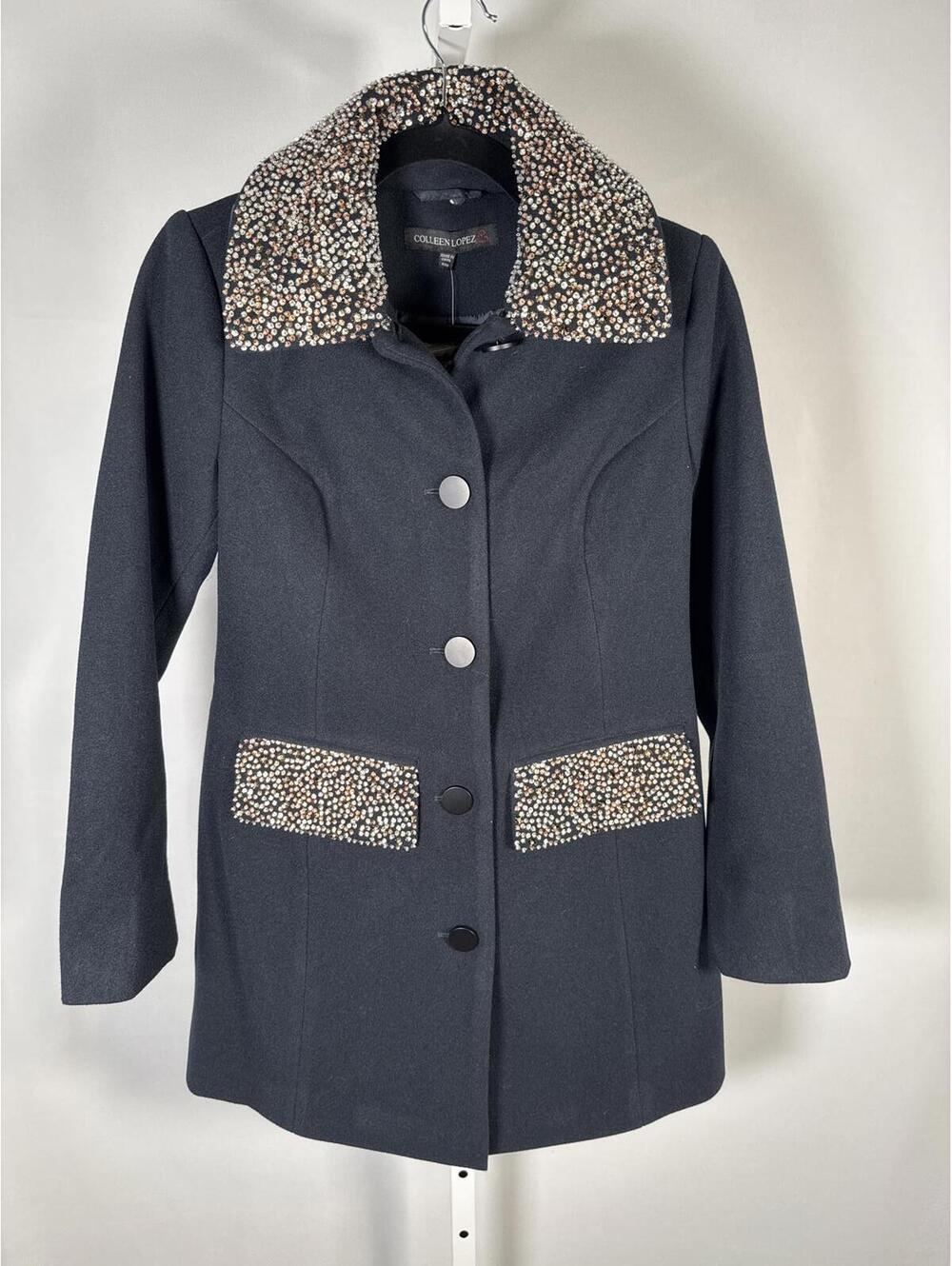 NWT Colleen Lopez Womens Faux Wool Coat Black Removable Collar Size Small - Picture 2 of 4